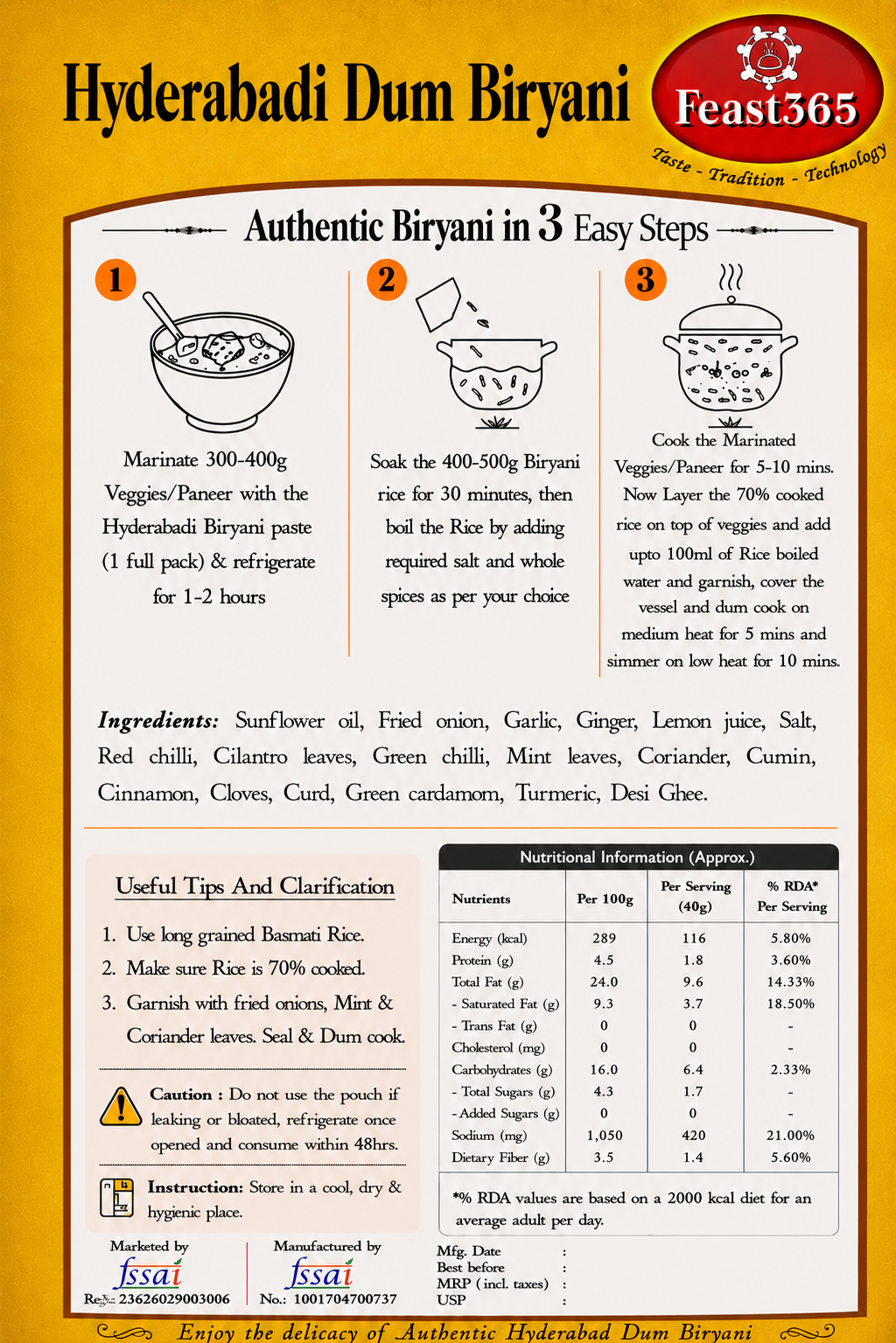 Feast365 Veg Dum Biryani Cooking Paste — Royal Hyderabadi Biryani, No Meat Needed